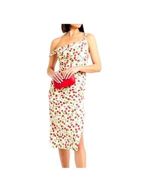 Carolina Herrera One-Shoulder Cherry-Print Midi Dress in Cream and Red